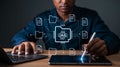 Man working with AI powered data management software on multiple devices enhancing productivity and efficiency in modern workflow Royalty Free Stock Photo