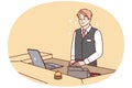 Man working as receptionist in hotel stands behind counter with laptop and phone. Vector image