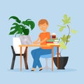 Man working office place vector illustration. Guy character sitting at desk, complete task on laptop. Royalty Free Stock Photo