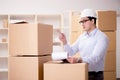 The man working in box delivery relocation service Royalty Free Stock Photo