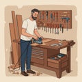 A man is working in a carpentry workshop, using a power tool on a wooden Royalty Free Stock Photo