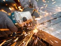 Man is working with a circular saw. Sparks fly from hot metal. Royalty Free Stock Photo