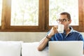 Man Working Coffee Shop Connecting Laptop Concept Royalty Free Stock Photo