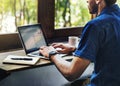 Man Working Coffee Shop Connecting Laptop Concept Royalty Free Stock Photo