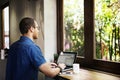 Man Working Coffee Shop Connecting Laptop Concept Royalty Free Stock Photo