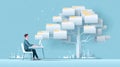 Man working on computer with digital folders in tree shape for data organization Royalty Free Stock Photo