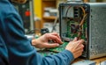 A man is working on a computer, fixing a broken part Royalty Free Stock Photo