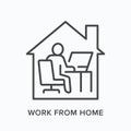 Man working on computer from home line icon. Freelance work, online education vector illustration. Person sitting in