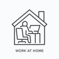 Man working on computer from home line icon. Freelance work, online education vector illustration. Person sitting in