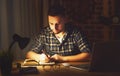 Man working on computer at home at night in dark Royalty Free Stock Photo