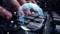 Man working on computer keyboard with graphic of internet networ Royalty Free Stock Photo