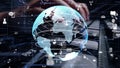 Man working on computer keyboard with graphic of internet networ Royalty Free Stock Photo