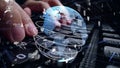 Man working on computer keyboard with graphic of internet networ Royalty Free Stock Photo