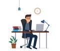 Man working with computer laptop flat design. businessman man at table, character work manager vector illustration Royalty Free Stock Photo