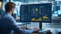 A man is working on a computer monitor with a lot of graphs and numbers Royalty Free Stock Photo