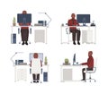 Man working on computer at workplace. Male office worker sitting in chair at desk. Flat cartoon character isolated on