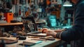 A man is working on a computer in a workshop AIG41 Royalty Free Stock Photo