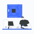 Man working at desk with microchip illustration symbolizing technology, computing, and innovation in flat vector style