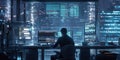 Man working at a desk with multiple computer screens displaying data and charts Royalty Free Stock Photo