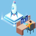 Man working on development and investment in business project. Rocket as symbol of startup launch Royalty Free Stock Photo