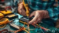 A man is working on an electronic circuit component with a screwdriver