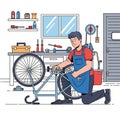 A man is working in a garage or workshop, repairing a bicycle. He is wearing a red Royalty Free Stock Photo