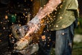 Man working with grinder saw, close up view on tool. Electric saw and hands of worker with sparks. Worker cutting metal