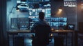 Man Working at High-Tech Control Center Desk with Multiple Monitors, Generative AI