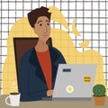Man working at his desk at home with laptop. Freelance work or studying concept. Illustration in flat cartoon style Royalty Free Stock Photo