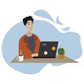 Man working at his desk at home with laptop. Freelance work or studying concept. Illustration in flat cartoon style. Royalty Free Stock Photo