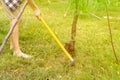 Man working with hoe in garden under tree on lawn a Royalty Free Stock Photo