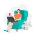 Man working at home. Concept vector flat illustration. Freelancer surfing the internet, holding a laptop and sitting in a chair. P Royalty Free Stock Photo