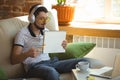 Man working from home during coronavirus or COVID-19 quarantine, remote office concept Royalty Free Stock Photo