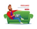 Man working at home on the couch. Freelancer sitting on sofa with a laptop, working remotely via the internet. Work at