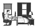 Man Working from Home Office in Bedroom vector Royalty Free Stock Photo