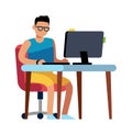 Man working at home. Person in shorts sitting at computer, isolated vector freelance concept