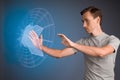Man working with interactive Sci-Fi HUD interface. Royalty Free Stock Photo