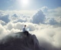 A man working on a laptop above clouds, cloud technology concept. Generative AI illustration Royalty Free Stock Photo