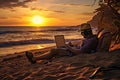 Man working with laptop on the beach at sunset. Lifestyle concept, man lying on the sand of the beach with a laptop working at