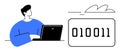 Man Working on Laptop with Binary Code and Cloud Symbolizing Digital Technology and Data Processing Royalty Free Stock Photo