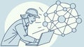 Man working on laptop with complex network visualization, tech and data concept, vector design Generative AI Royalty Free Stock Photo