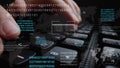 Man working on laptop computer keyboard with graphic user interface GUI hologram Royalty Free Stock Photo