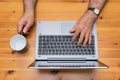 Senior man working with laptop. Empty cup, cofee break time. Royalty Free Stock Photo