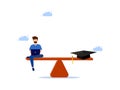 man working on laptop and graduation cap on scales. Balancing work and study Royalty Free Stock Photo