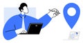 Man Working on Laptop with Graphs and Location Icon Highlighting Data Analytics and Tracking Royalty Free Stock Photo