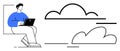 Man Working on Laptop with Minimalist Cloud Elements Representing Remote Work and Digital Connectivity Royalty Free Stock Photo