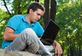 Man working with laptop in the park