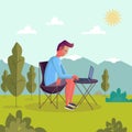 Man working on laptop in the park. Flat cartoon character sitting behind a computer, freelancer workplace, work desk