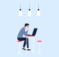 Man working with laptop, program development male character. Programmist, geek boy work on computer. IT worker, surfing