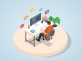 Man working on laptop programming coding website web mobile landing page template banner with isometric 3d flat style Vector Royalty Free Stock Photo
